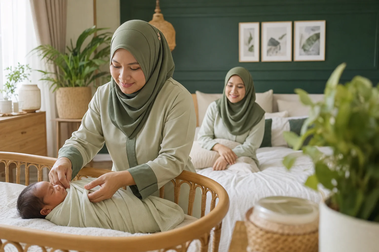 Confinement Lady Melayu Muslimah menjaga bayi di rumah