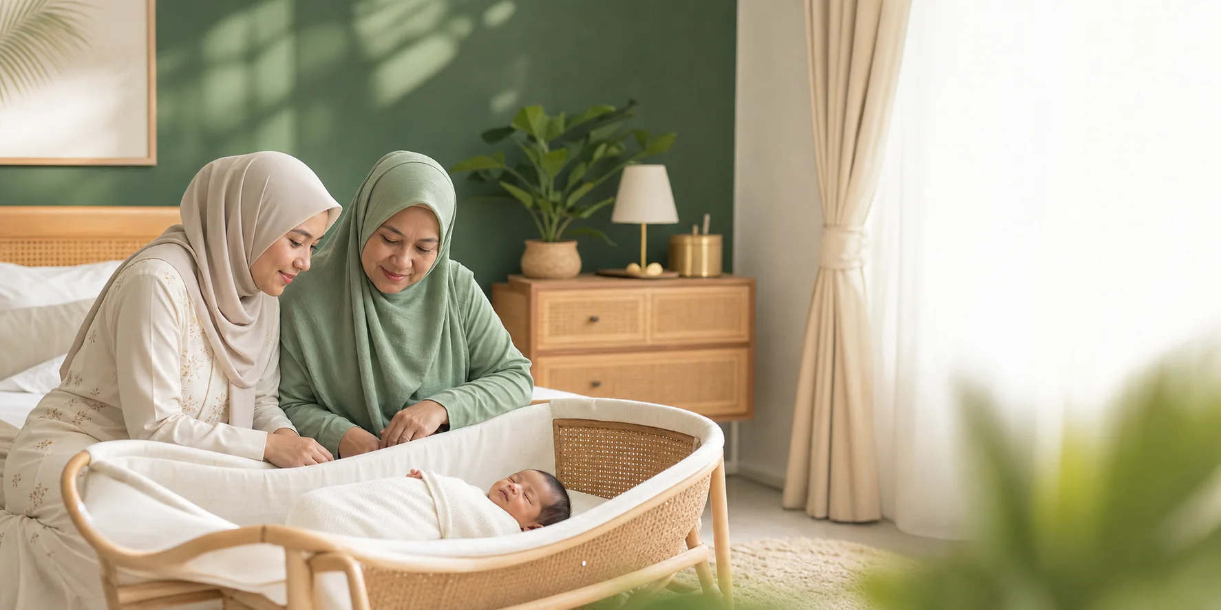 Ibu dan Confinement Lady Melayu Muslimah menjaga bayi baru lahir